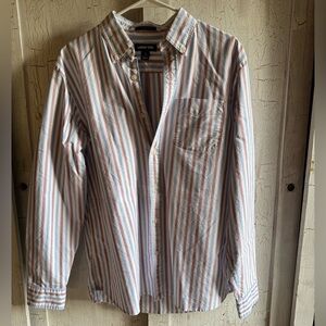 LANDS END Mens Long Sleeve Red White Blue Striped Button up Shirt size Medium